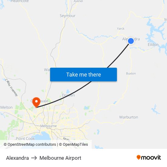 Alexandra to Melbourne Airport map