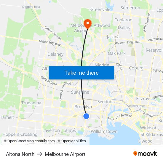 Altona North to Melbourne Airport map