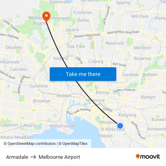 Armadale to Melbourne Airport map