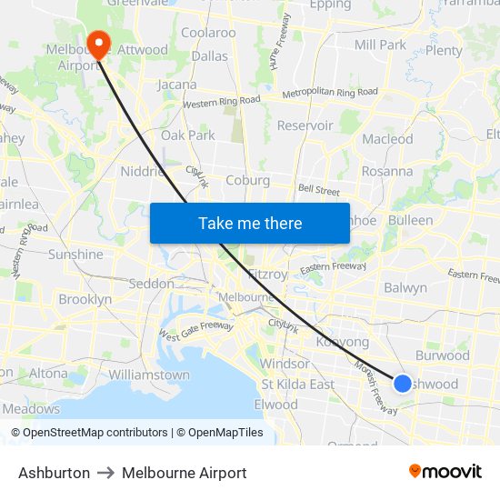 Ashburton to Melbourne Airport map