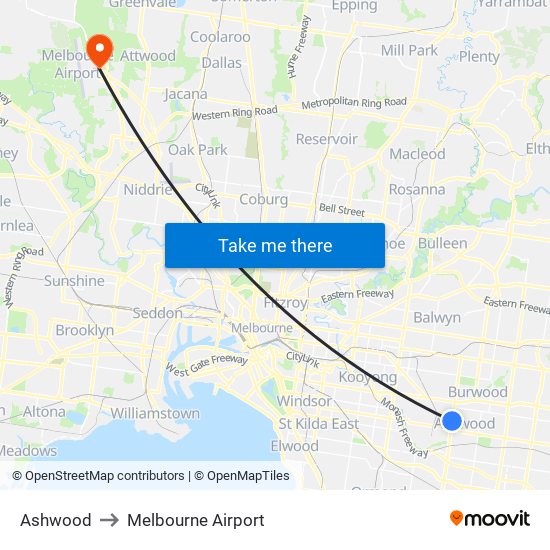 Ashwood to Melbourne Airport map