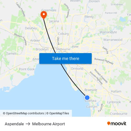 Aspendale to Melbourne Airport map