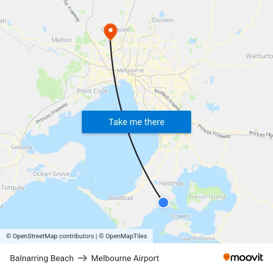 Balnarring Beach to Melbourne Airport map