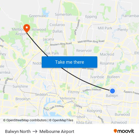 Balwyn North to Melbourne Airport map