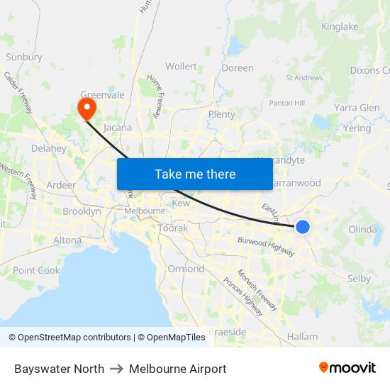 Bayswater North to Melbourne Airport map