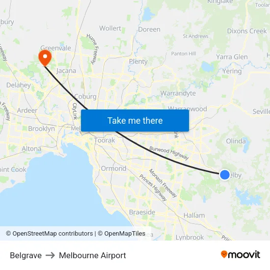Belgrave to Melbourne Airport map