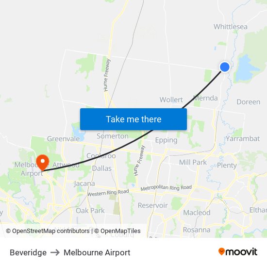 Beveridge to Melbourne Airport map