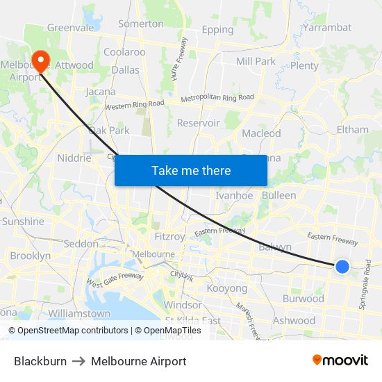 Blackburn to Melbourne Airport map