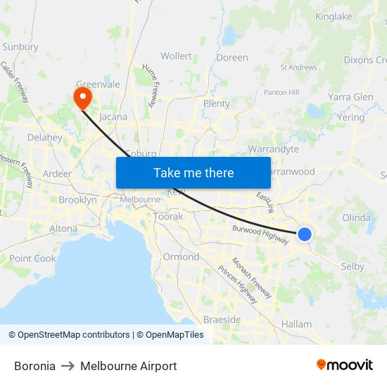 Boronia to Melbourne Airport map