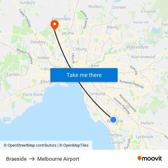 Braeside to Melbourne Airport map