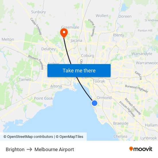 Brighton to Melbourne Airport map