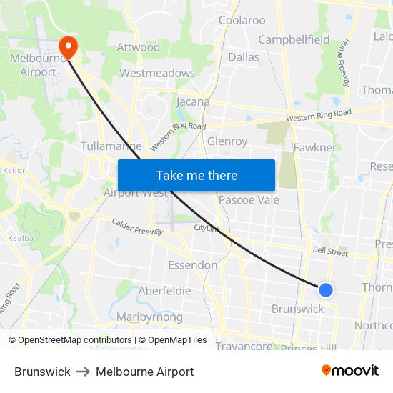 Brunswick to Melbourne Airport map