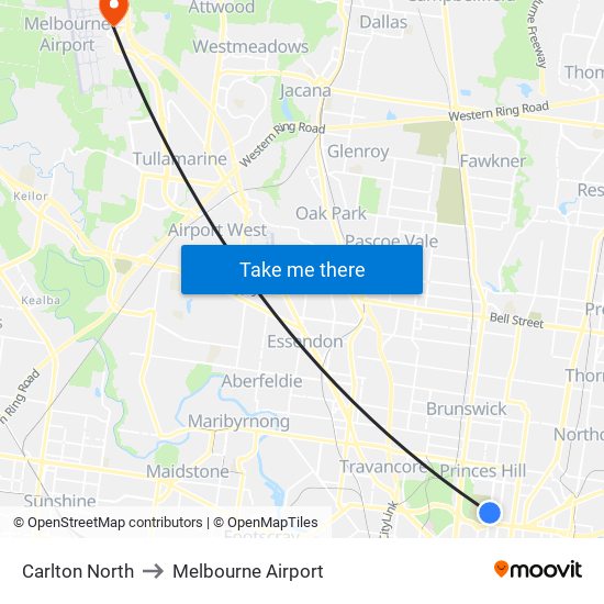 Carlton North to Melbourne Airport map