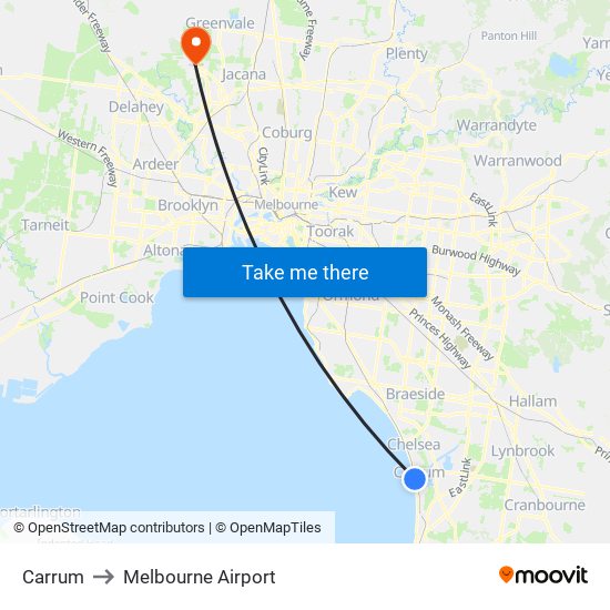 Carrum to Melbourne Airport map