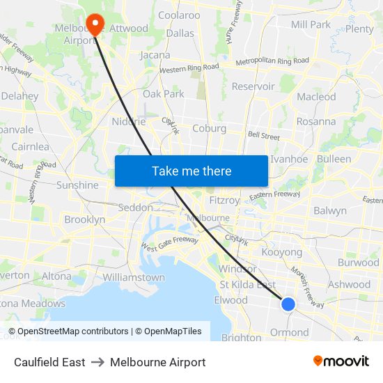 Caulfield East to Melbourne Airport map