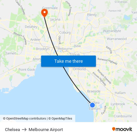 Chelsea to Melbourne Airport map