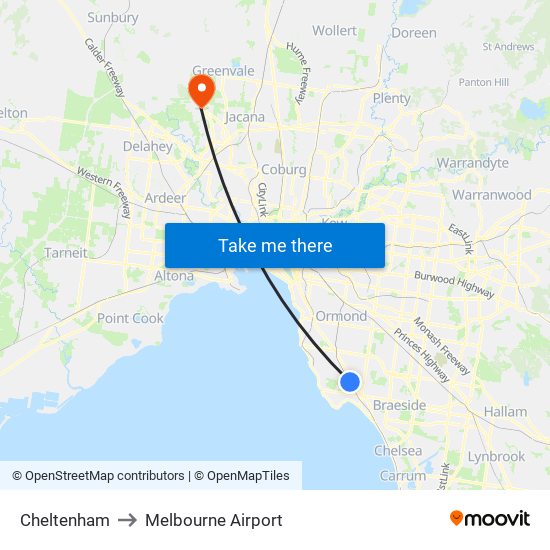 Cheltenham to Melbourne Airport map