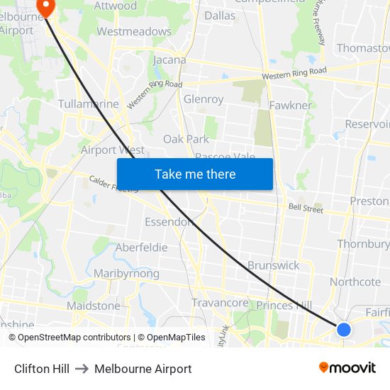 Clifton Hill to Melbourne Airport map