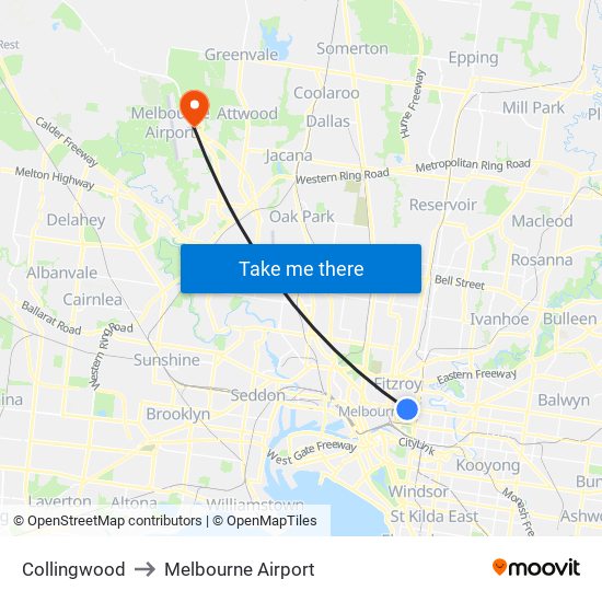 Collingwood to Melbourne Airport map