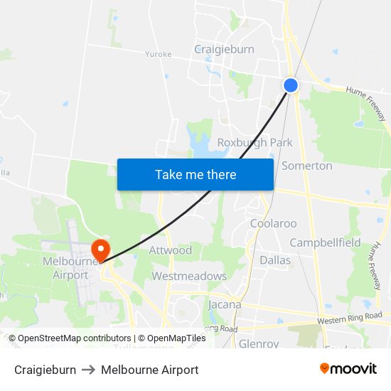 Craigieburn to Melbourne Airport map