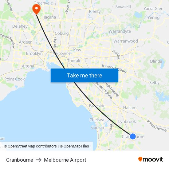 Cranbourne to Melbourne Airport map