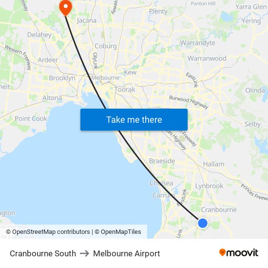 Cranbourne South to Melbourne Airport map