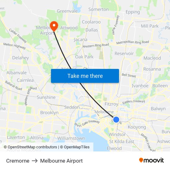 Cremorne to Melbourne Airport map