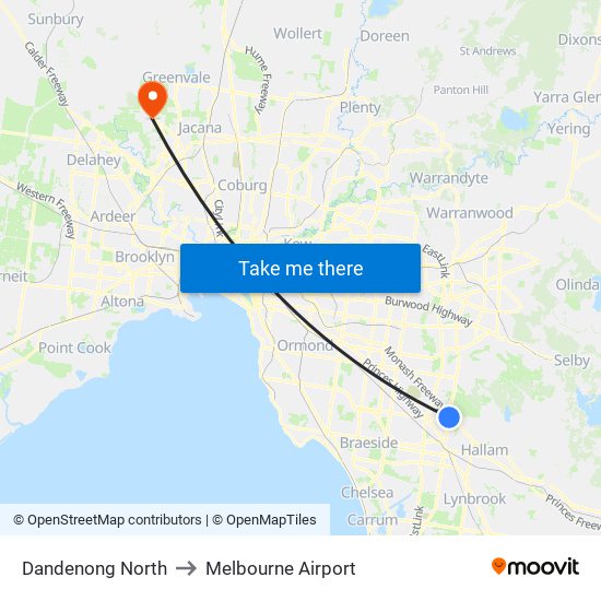 Dandenong North to Melbourne Airport map