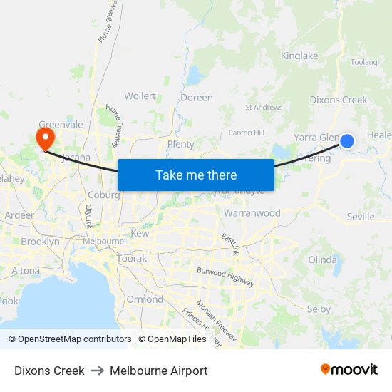 Dixons Creek to Melbourne Airport map