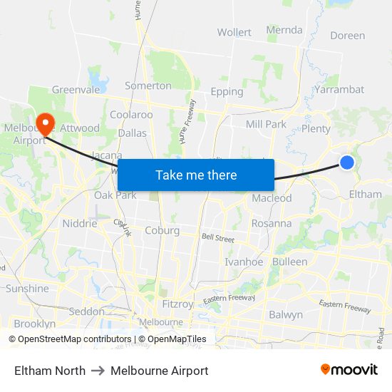 Eltham North to Melbourne Airport map