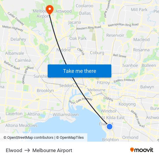 Elwood to Melbourne Airport map