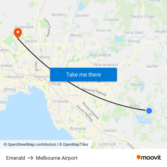 Emerald to Melbourne Airport map