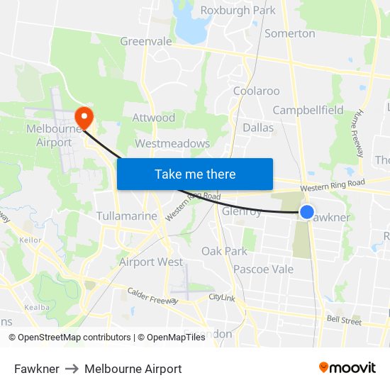 Fawkner to Melbourne Airport map