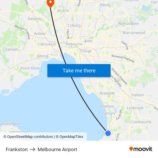 Frankston to Melbourne Airport map