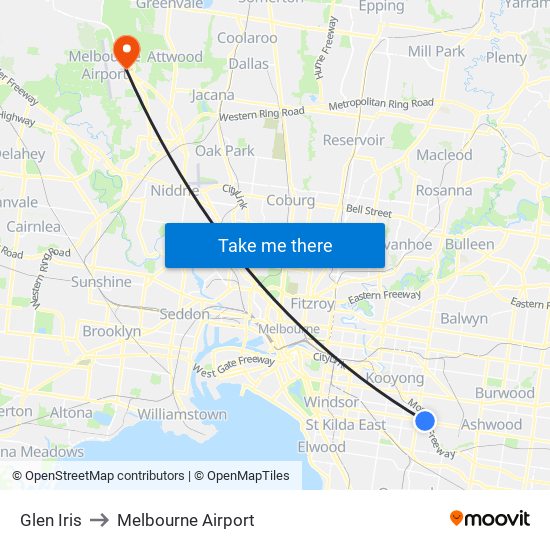 Glen Iris to Melbourne Airport map
