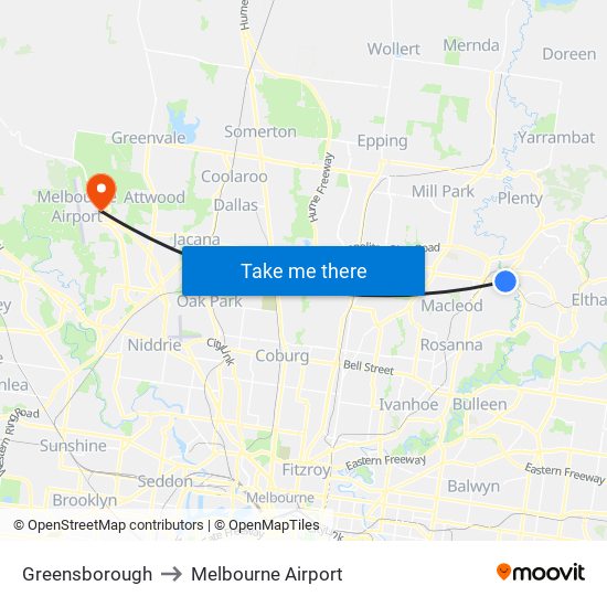 Greensborough to Melbourne Airport map