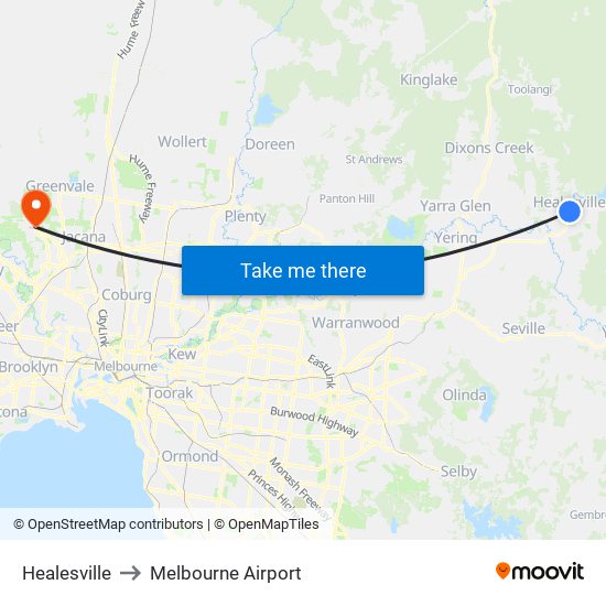 Healesville to Melbourne Airport map