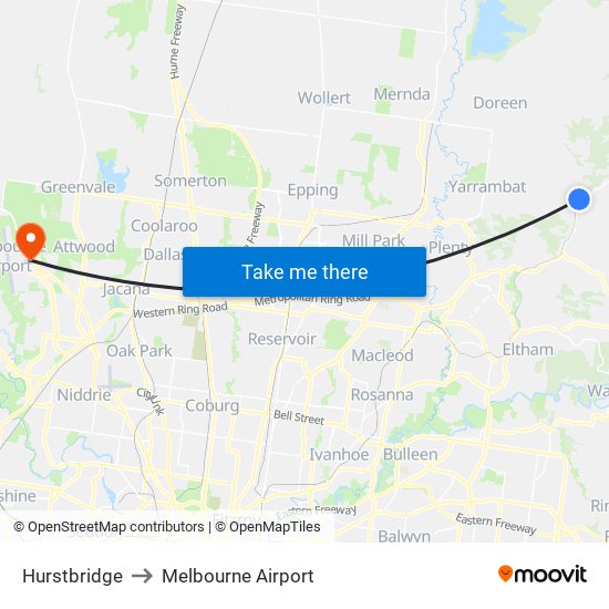 Hurstbridge to Melbourne Airport map