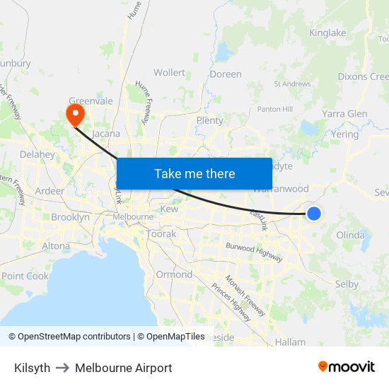 Kilsyth to Melbourne Airport map