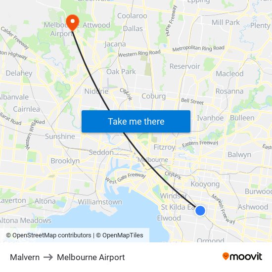 Malvern to Melbourne Airport map