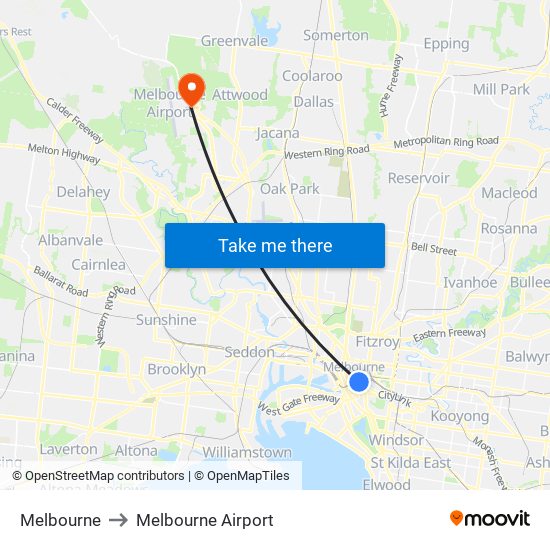 Melbourne to Melbourne Airport map