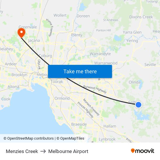 Menzies Creek to Melbourne Airport map