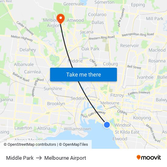 Middle Park to Melbourne Airport map