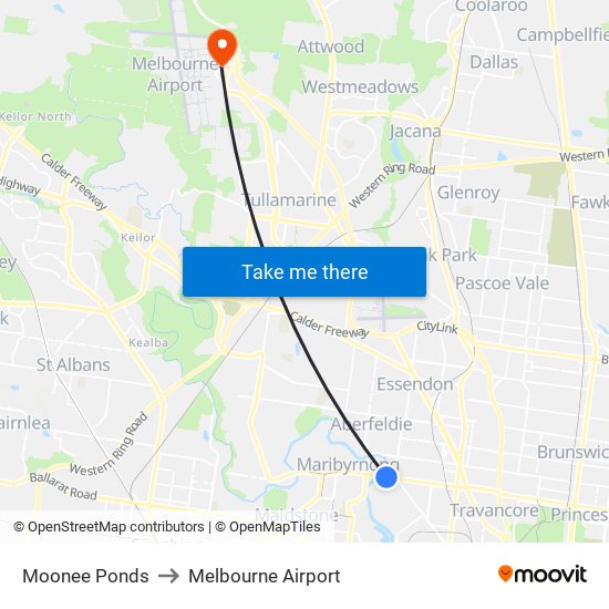 Moonee Ponds to Melbourne Airport map