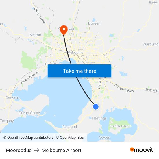 Moorooduc to Melbourne Airport map