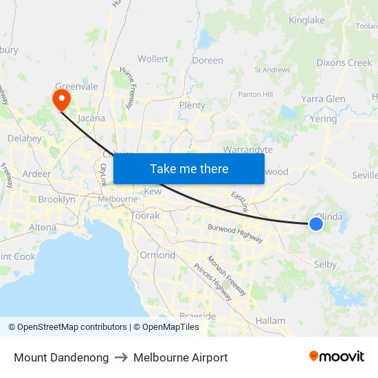 Mount Dandenong to Melbourne Airport map