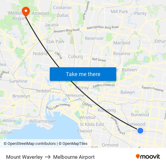 Mount Waverley to Melbourne Airport map