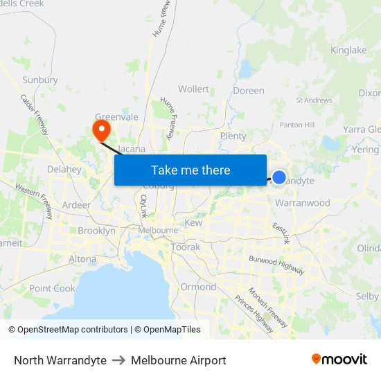 North Warrandyte to Melbourne Airport map