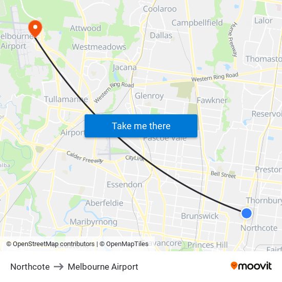 Northcote to Melbourne Airport map