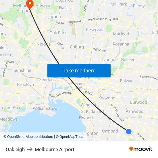 Oakleigh to Melbourne Airport map
